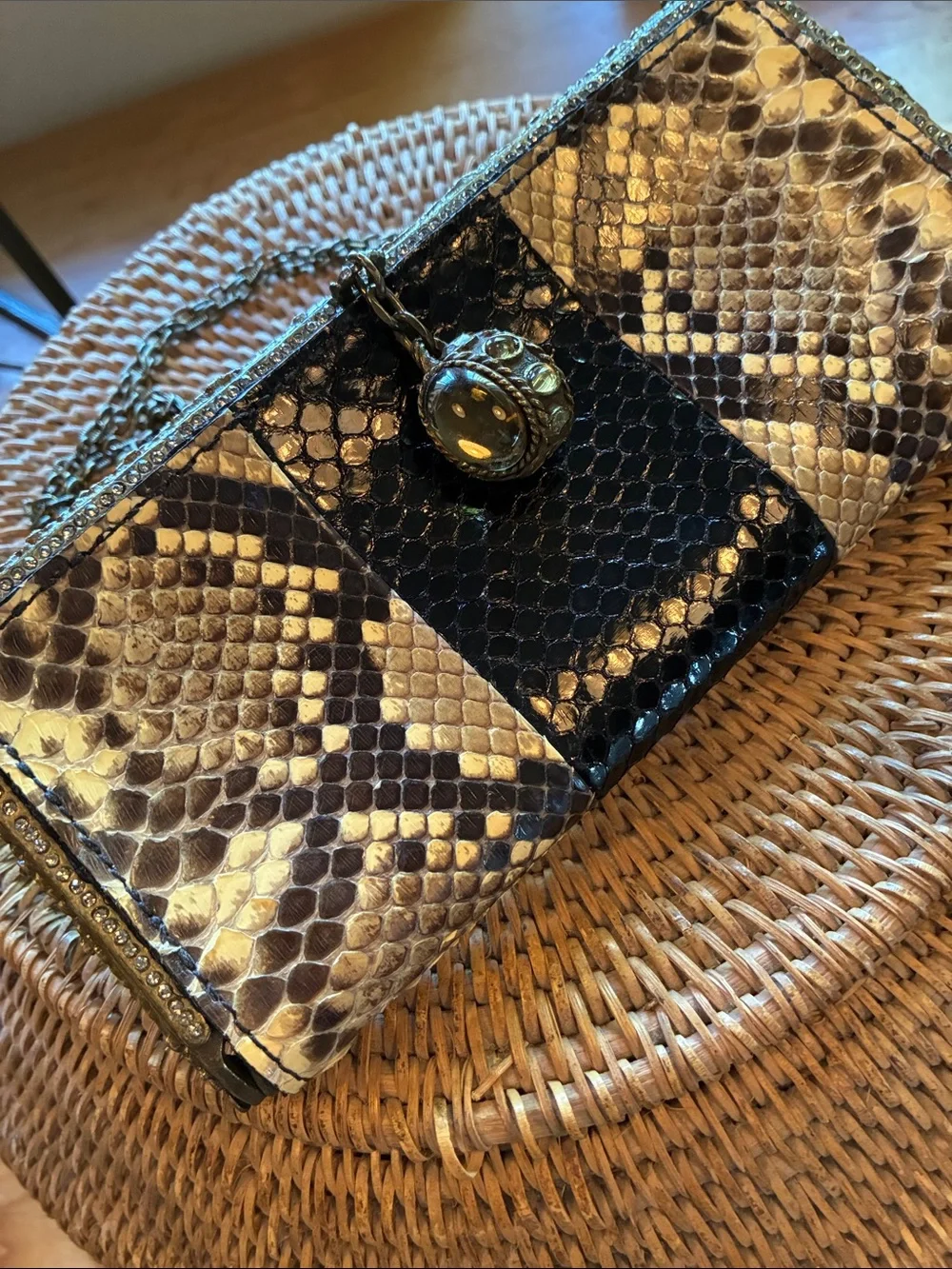 Clara Kasavina Snakeskin Crystal Pendant Ornate Clasp Clutch Evening Bag